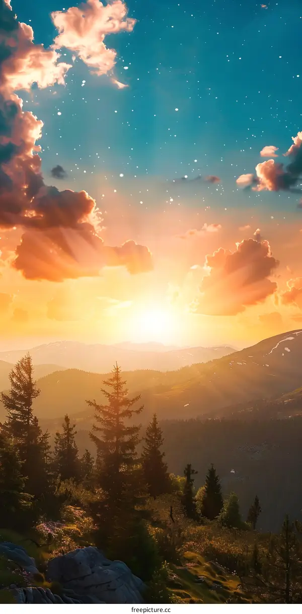 Sunrise Over Mountain Landscape With Trees