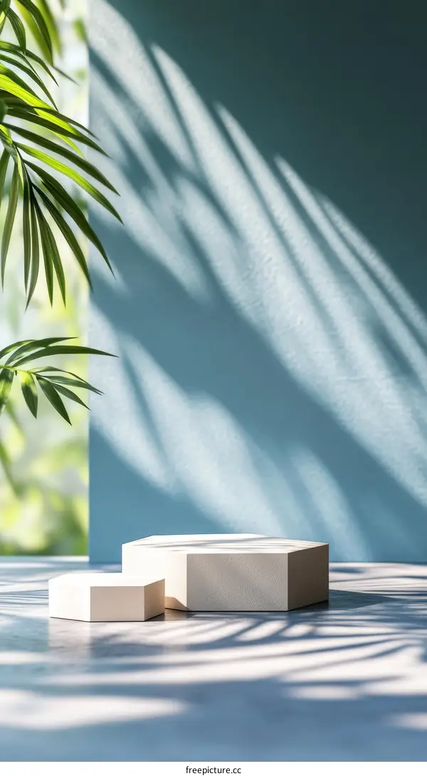 Modern Minimalist Display Podium with Tropical Leaves