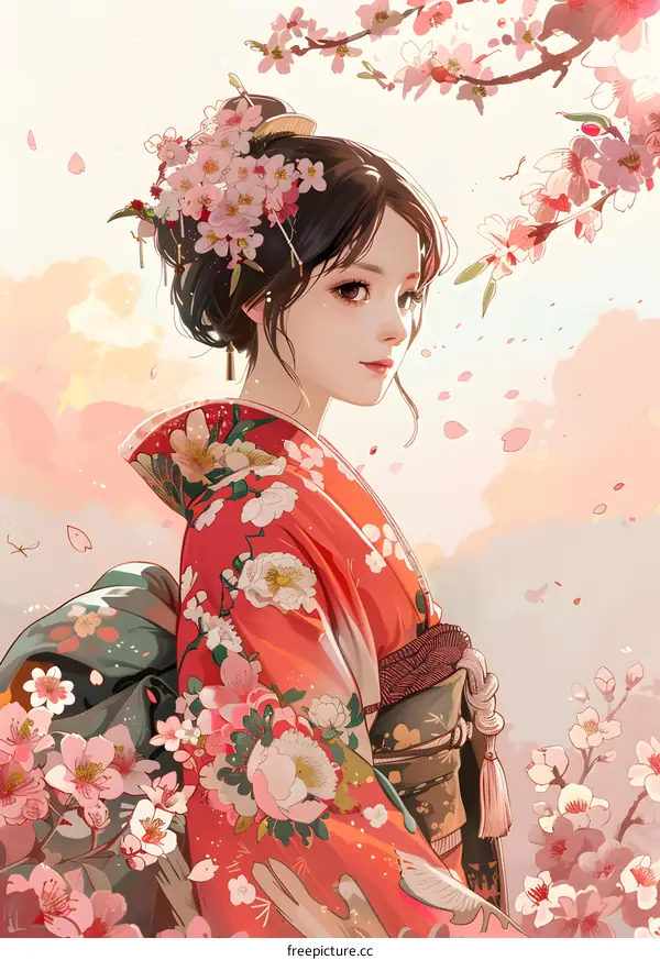 Beautiful Woman in Traditional Japanese Kimono with Cherry Blossoms