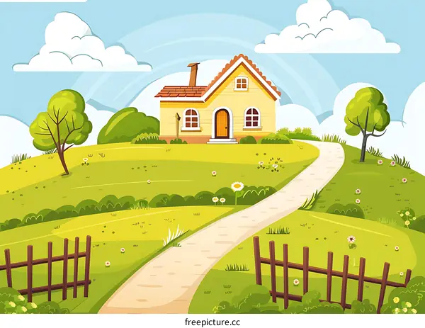 Cartoon Illustration of a Yellow House with a Winding Path Leading to a Wooden Fence