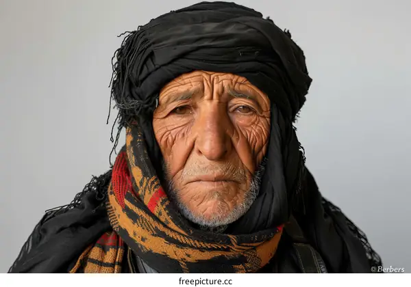 Portrait of an Uyghur man wearing a traditional turban