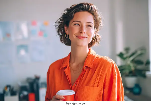 Smiling Young Woman with Coffee in Modern Office