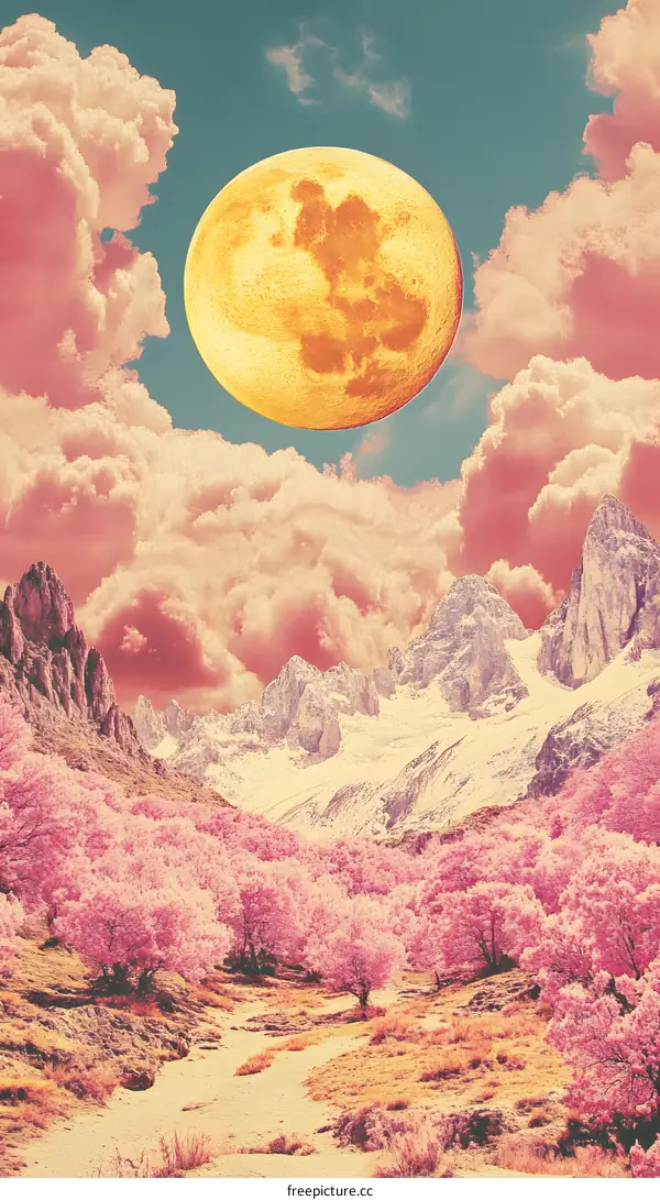 Pink Clouds And Full Moon Over Mountain Range