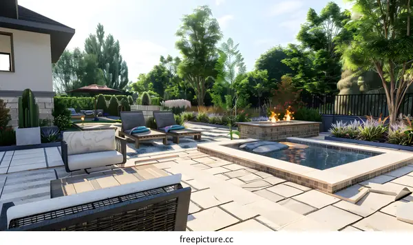 Modern Backyard Design with Swimming Pool and Patio Furniture