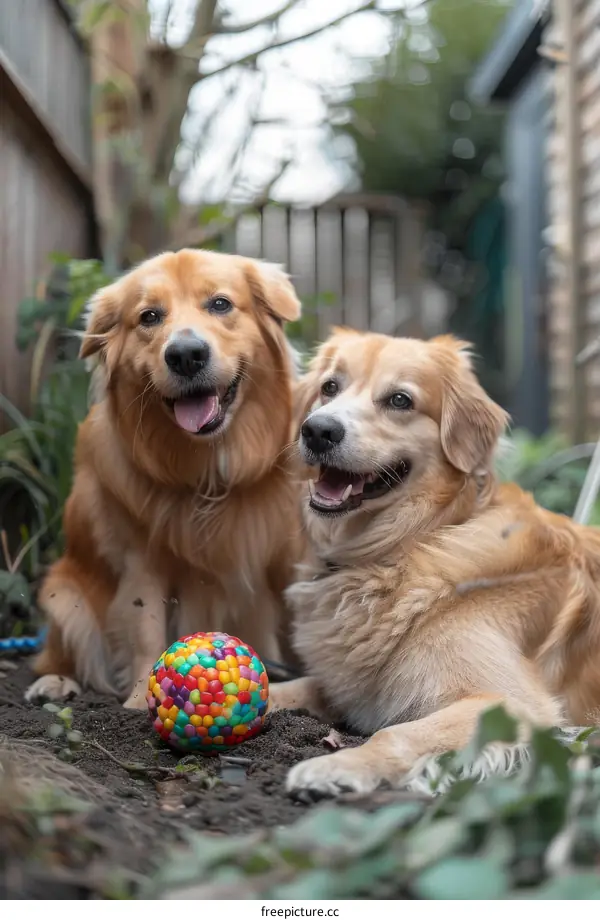 Two happy golden retrievers sitting in the backyard