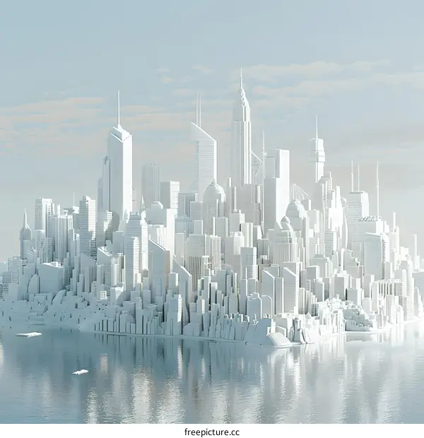 A large white city on the water with a blue sky and white clouds