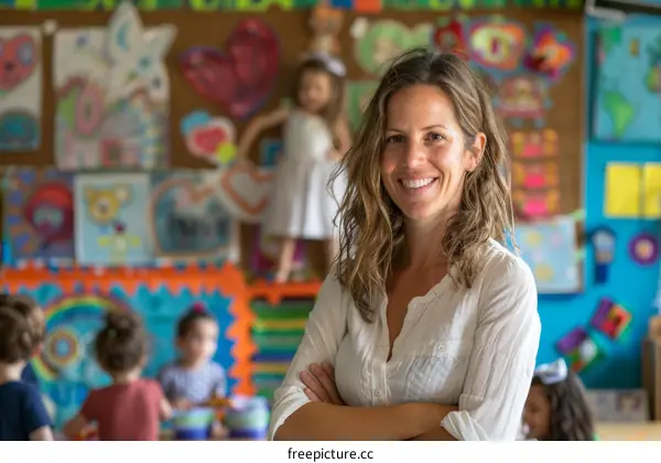 Confident preschool teacher standing in classroom with arms crossed