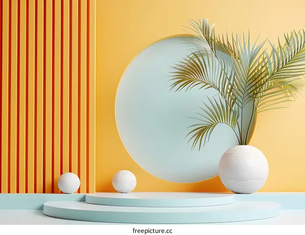 Abstract Minimalist 3D Illustration with Palm Leaf and Geometric Shapes