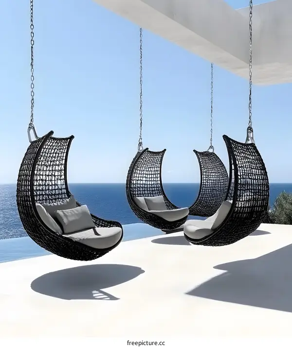 Modern Hanging Chairs on a Terrace with Ocean View