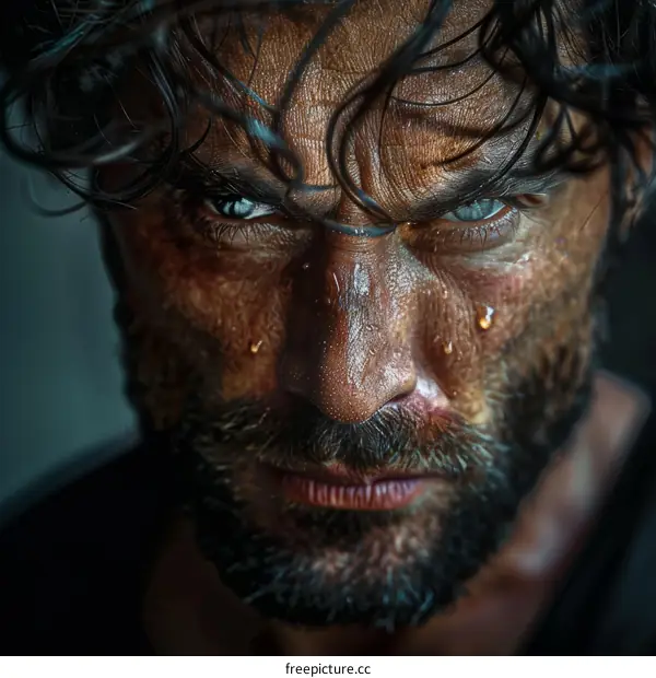 Close-up Portrait of a Caucasian Man with Sweat and Dirt