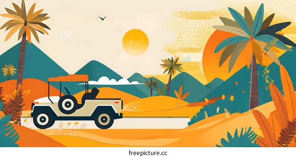 Sunset Over the Desert with a Jeep