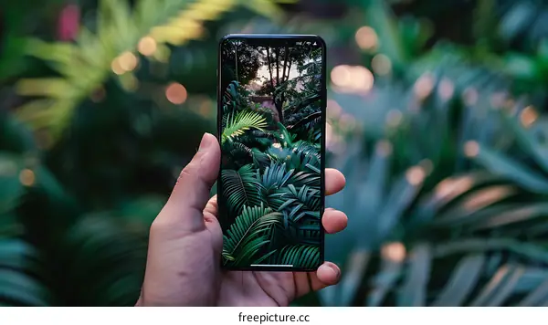 Hand Holding Smartphone Displaying Green Tropical Plants Background