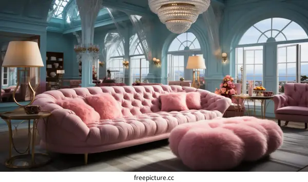 pink sofa in a blue room