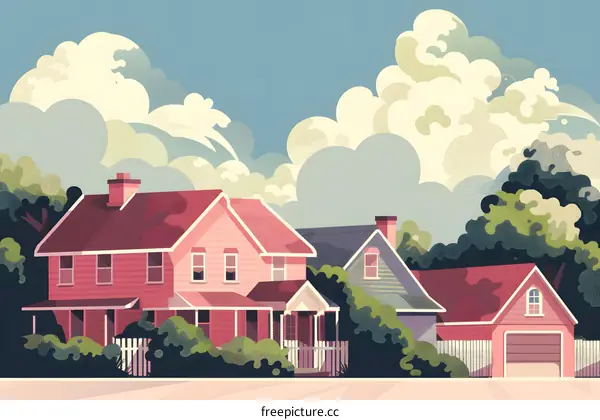 Pink Houses with White Clouds and Green Trees