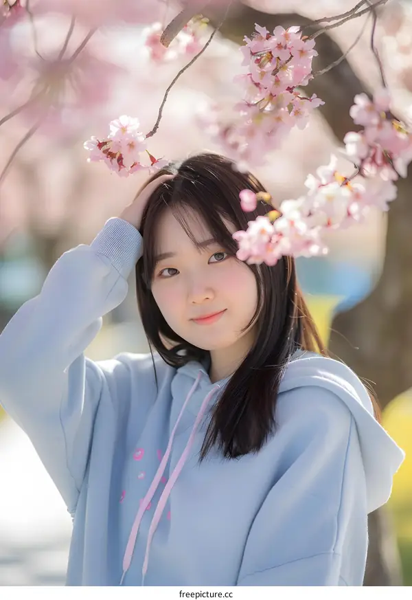 Young Asian Woman in Blue Hoodie Posing Under Cherry Blossom Tree