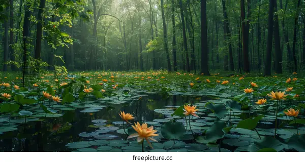 Mystical Orange Water Lilies in a Lush Green Forest