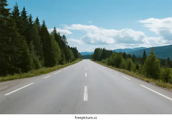 A scenic road surrounded by lush green trees under a clear blue sky