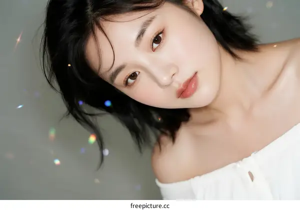 Portrait of Young Asian Woman with Black Hair and White Off-shoulder Dress