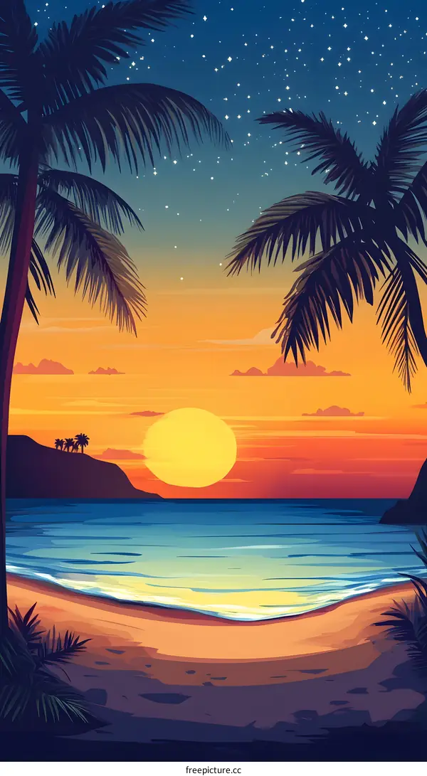 Palm Trees Silhouette at Sunset Beach