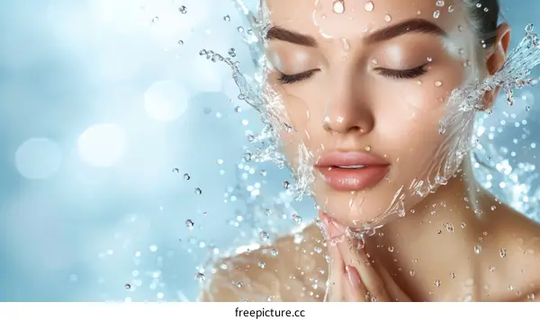 Closeup portrait of a beautiful young woman with wet face and closed eyes
