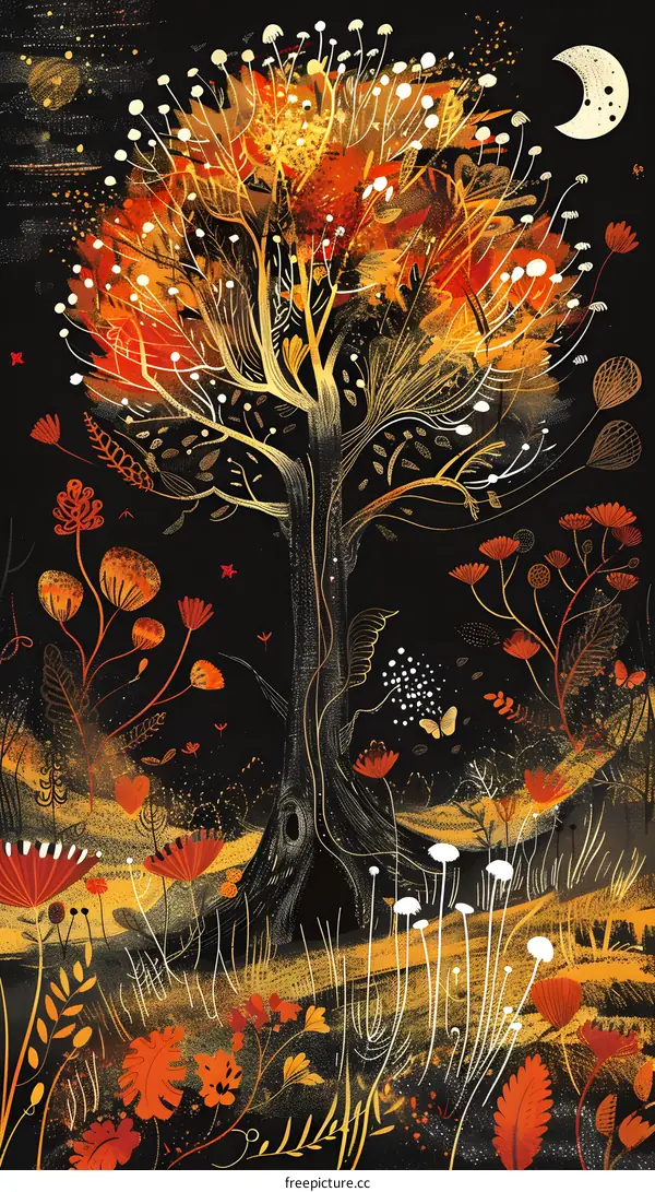 Golden Tree Night Sky Illustration