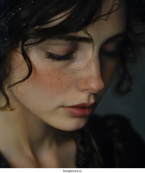 Woman with Freckles and Downcast Eyes