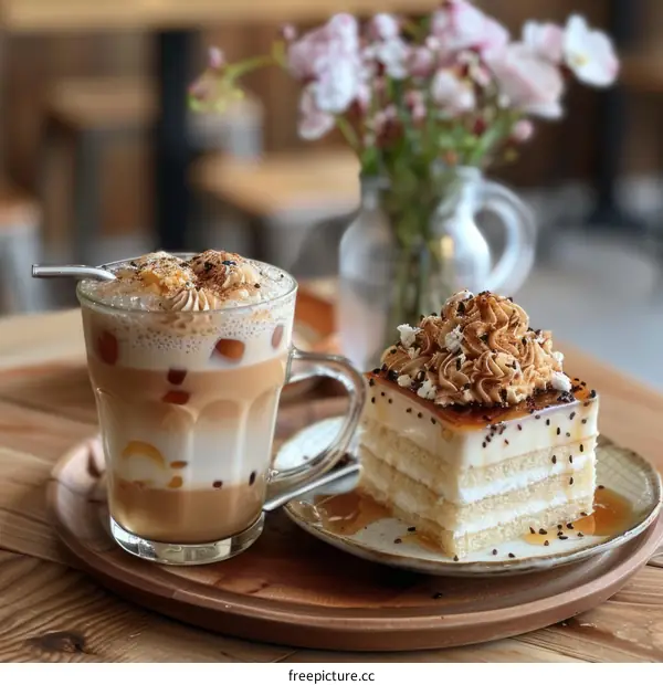 Iced coffee and cake on a wooden table