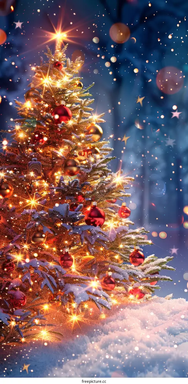 Christmas Tree Adorned with Festive Decorations in Winter Forest