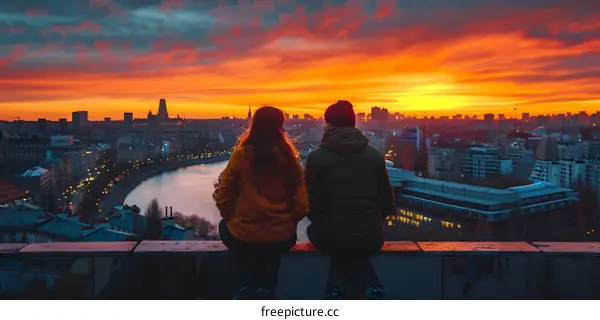 A couple is sitting on a rooftop overlooking a city at sunset