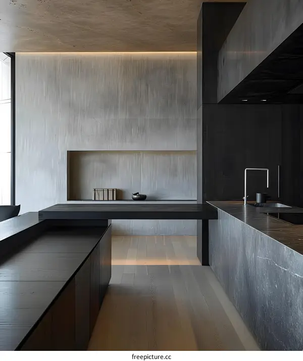 Modern Minimalist Kitchen Interior Design With Concrete Walls And Wooden Floors