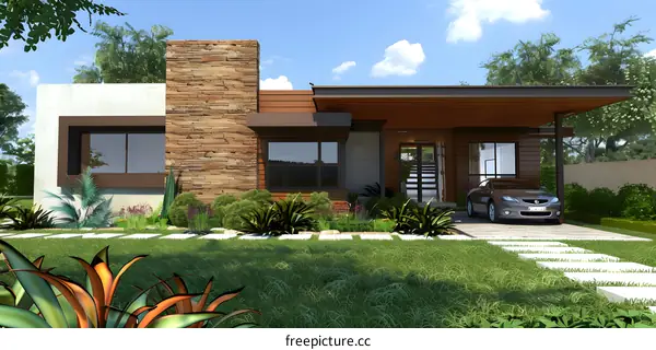 Modern Style House Exterior Design with Stone Wall