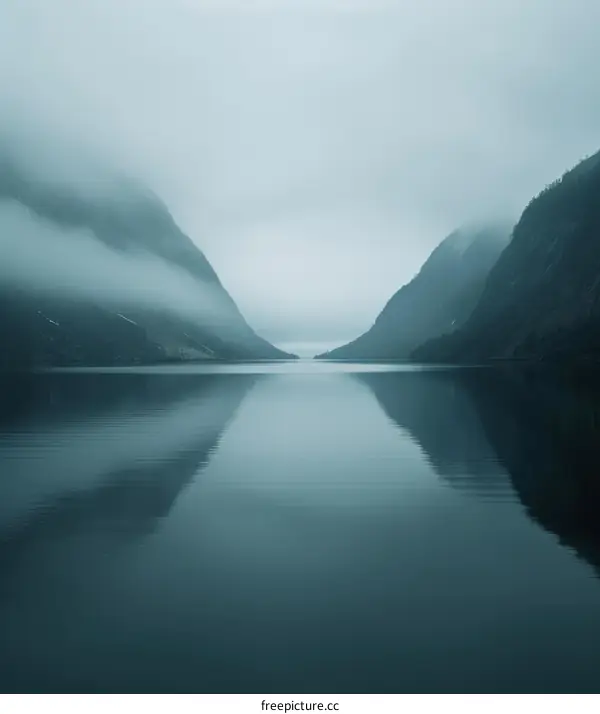 Misty fjord landscape with steep rocky mountains and calm water