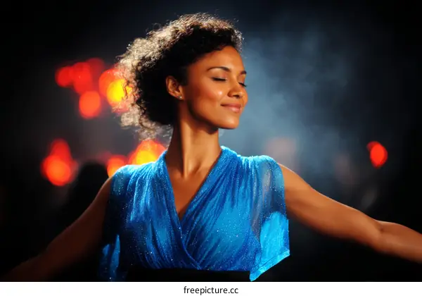 A Black Woman in a Blue Dress Posing on Stage