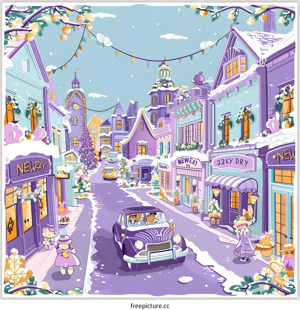 Winter Holiday Town With Car and People