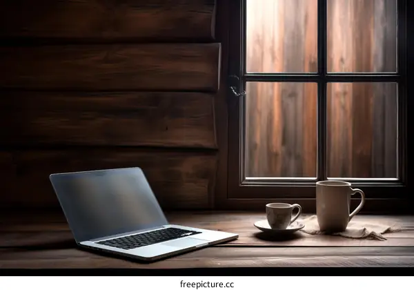 Wooden table with laptop and cup of coffee near the window