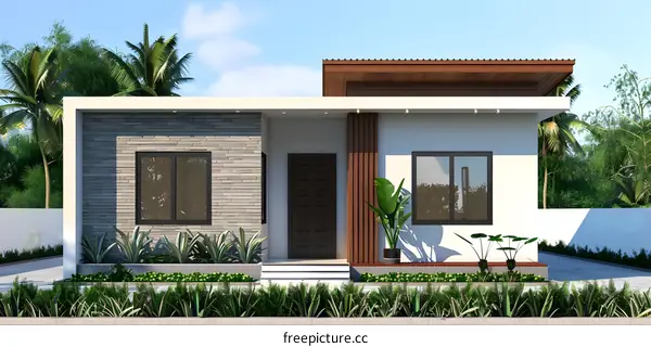Modern Tropical House Design with Stone Wall and Wooden Roof