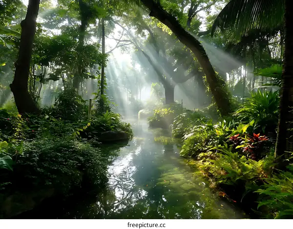 Sunlight Streams Through Lush Tropical Garden