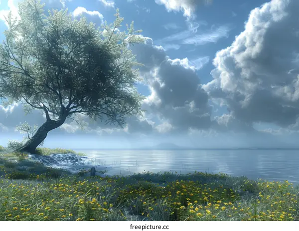 Peaceful Lakeside Scenery with a Lone Tree
