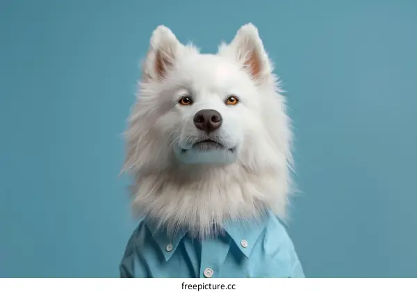 A white fluffy dog wearing a blue shirt