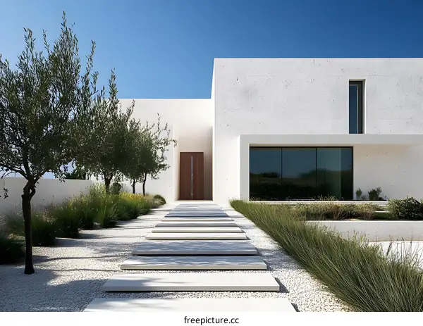 Modern Minimalist Architecture House with Olive Trees and Gravel Pathway