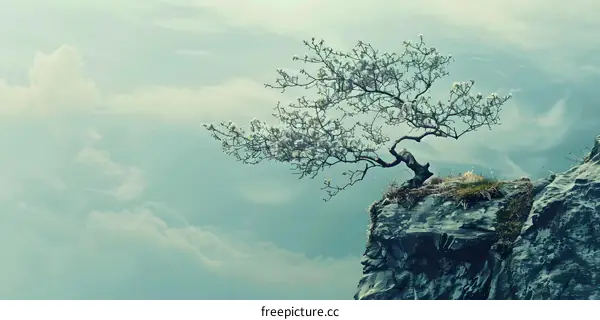 Lone Tree on a Cliff with Cloudy Sky