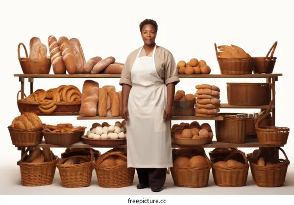 Black female baker standing in front of a display of bread and pastries