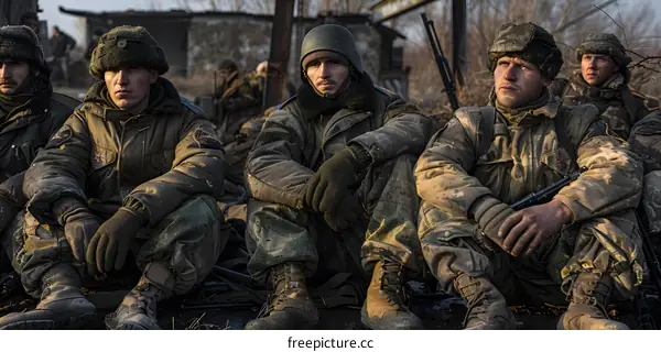 A group of soldiers sit on the ground in a war zone.