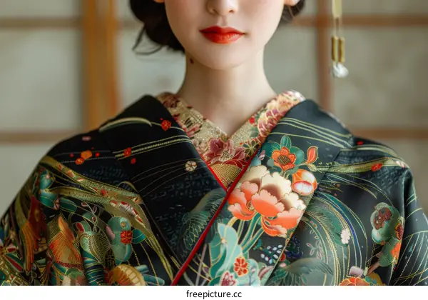 Close-up of a woman wearing a kimono with traditional Japanese patterns