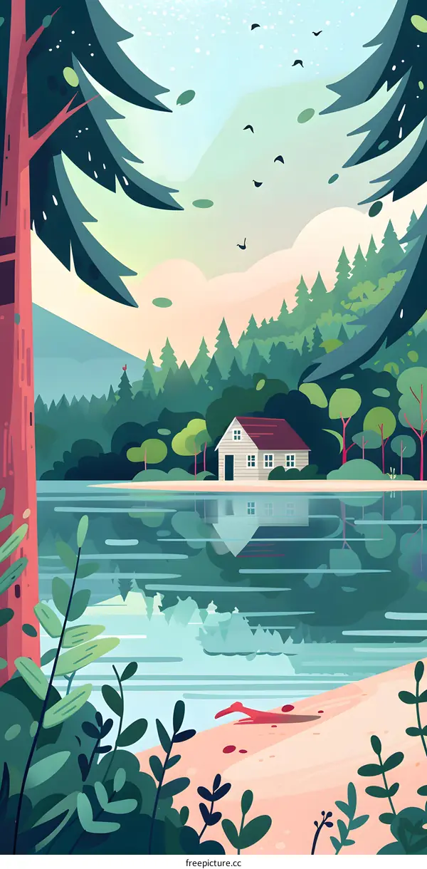 Lake House Illustration With Forest And Birds