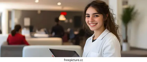 Smiling Woman in White Coat Holding Tablet in Modern Office