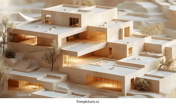 A 3D rendering of a modern house with a pool