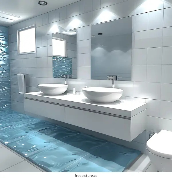 White Bathroom with Blue Trim: Vanity, Sink, Bathtub, Glass Block Wall, and Window