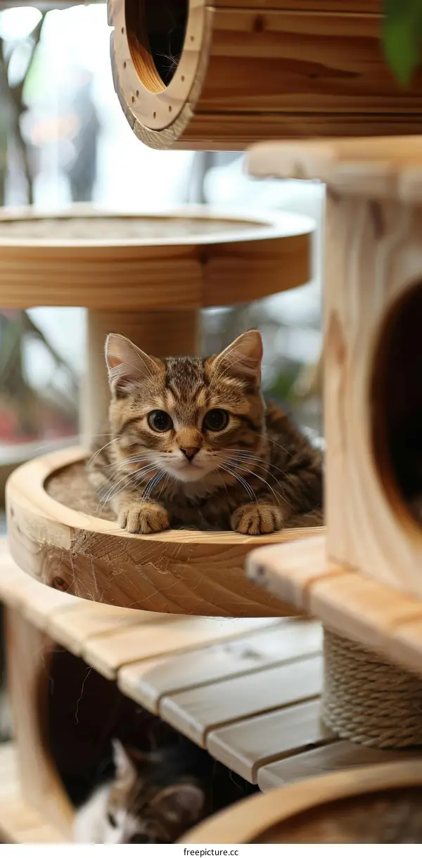 A cute tabby cat is sitting on a wooden cat tree