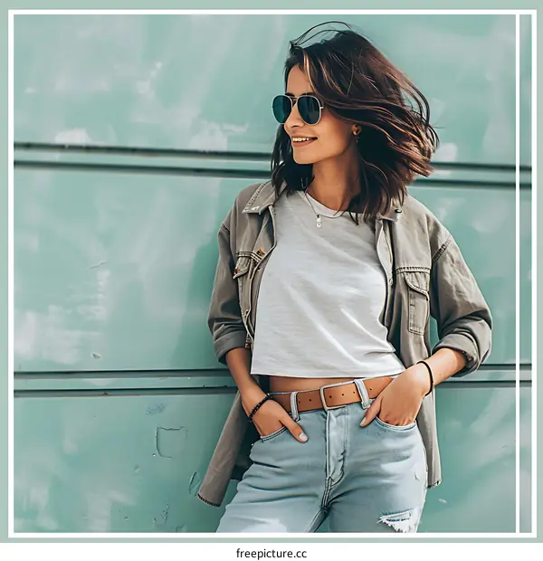 Woman in Green Jacket and Sunglasses Posing Against Teal Wall